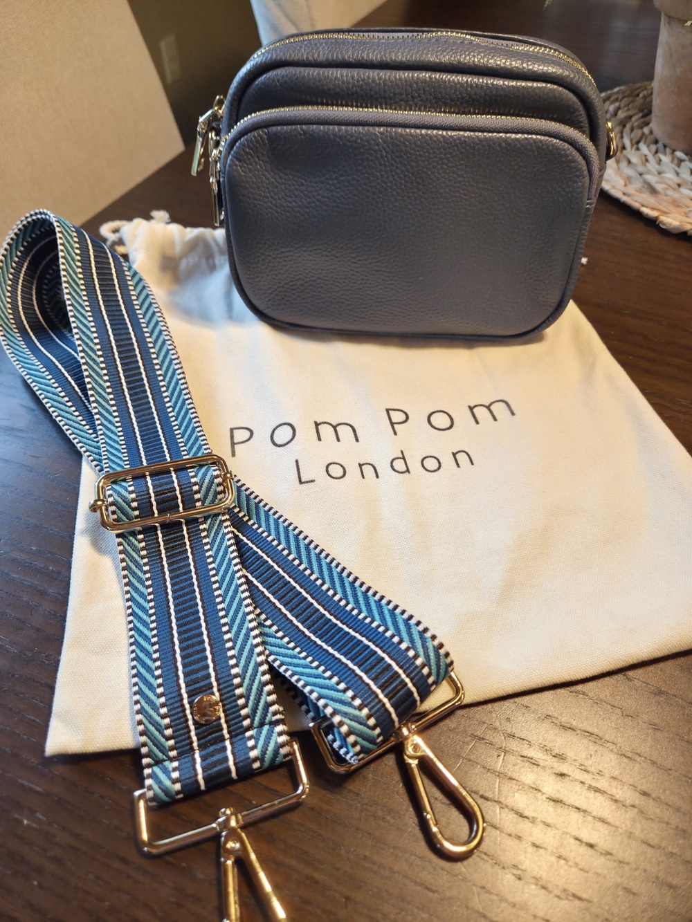 Pom Pom London Original Plus Leather Crossbody Bag Slate Blue + Blue Mix Strap